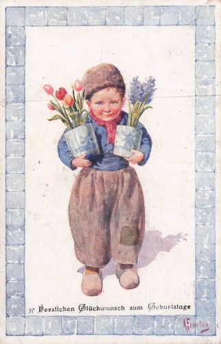 Künstler Ak Feiertag, Karl, Junge in niederländischer Tracht, Blumen