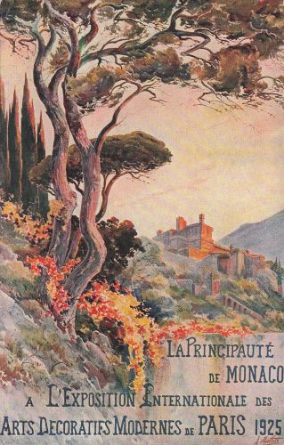 Postkarte Monaco Hillside 1925 Expo International Decorative Arts Paris signiert A. Mathis