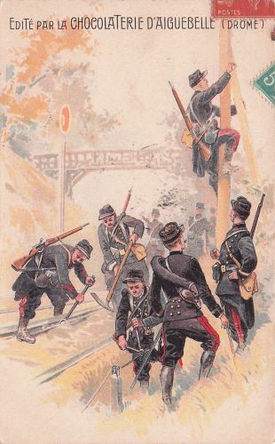 Werbekarte der Schokoladenfabrik Aiguebelle: Soldaten sabotieren die Eisenbahn