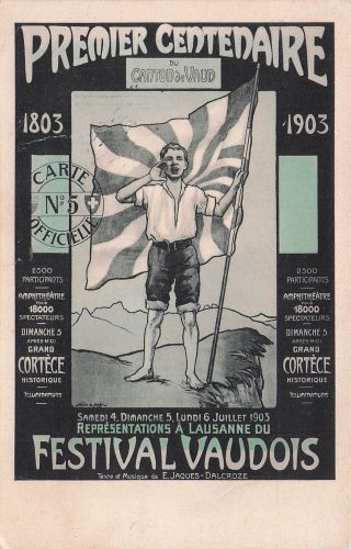 AK Schweiz, Premier Centenaire du Canton de Vaud 1903, Festival Vaudois, Junge mit Flagge auf einem Felsen stehend