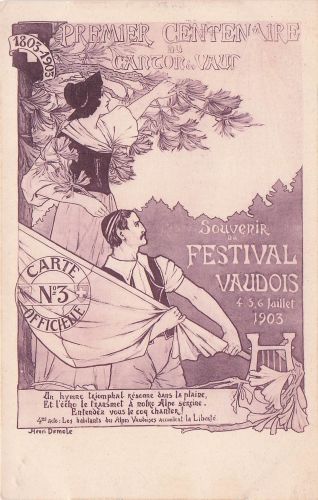 Künstler-AK Schweiz, Premier Centenaire du Canton de Vaud 1903, Souvenir du Festival Vaudois 1903, Paar mit Flagge