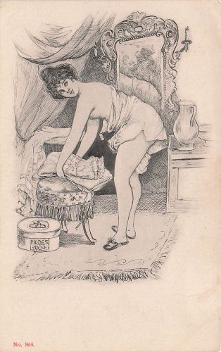 Künstlerpostkarte, halbnackte Frau: „Ich werde keine Dessous tragen,