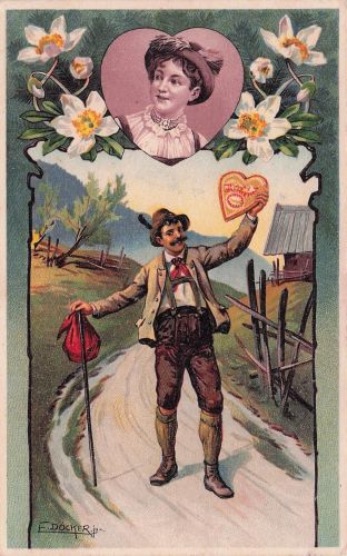Künstler-AK E. Döcker: Frohlockender Wandersmann mit Lebkuchen-Herz, Dir z` Liab