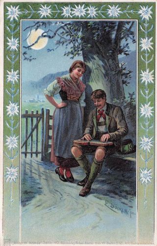 Künstler-AK E. Döcker: Zither-Spiel im Mondschein