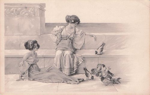 Jugendstils zeigt zwei Frauen in klassisch anmutender Kleidung auf einer Steintreppe