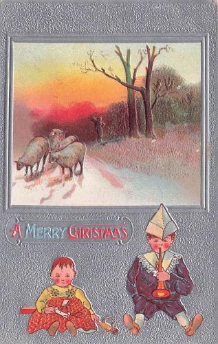 Christmas Greeting Cute Children Holding Toys And Sheep With Herder Postcard