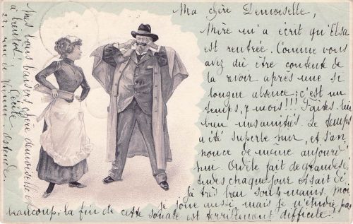 Illustration eines Mannes mit Schnurrbart und Hut und einer frau