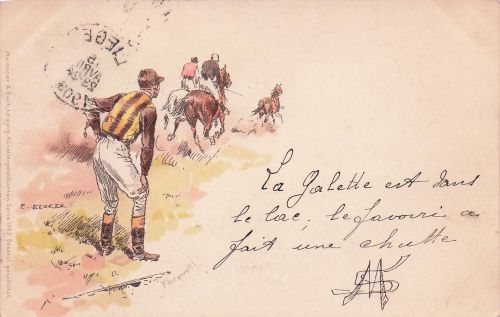 Künstlerpostkarte von Meissner & Buch aus Leipzig, die ein Pferderennen darstellt. Die Karte gehört zur Serie 1003