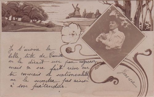 stkarte mit einer Zeichnung einer Landschaft und einem Foto einer Frau.