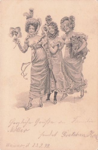 Glücksschwein im Jugendstil mit vierblättrigem Kleeblatt und Hufeisen