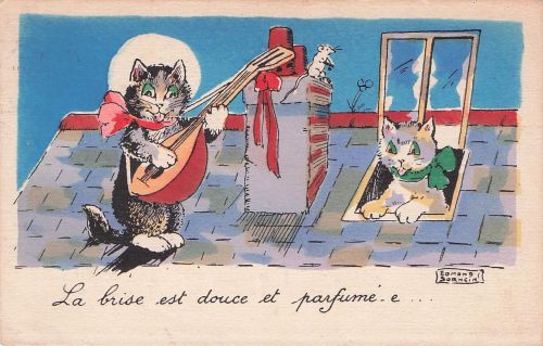 Künstler ak Die Postkarte zeigt zwei Katzen auf einem Dach.