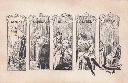 Dieses Bild ist eine Postkarte aus dem späten 19. oder frühen 20. Jahrhundert, die die fünf Sinne darstellt.