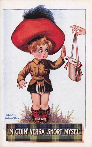 Schottischer Junge im kurzen Kilt Fred Spurgin Comic-Postkarte Ich werde sehr kurz