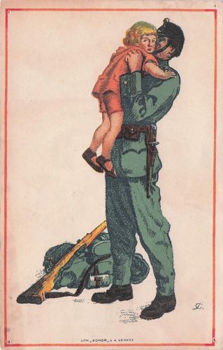 Künstler Ansichtskarte / Postkarte Schweizerische Nationalspende für unsere Soldaten, Soldat mit Kind