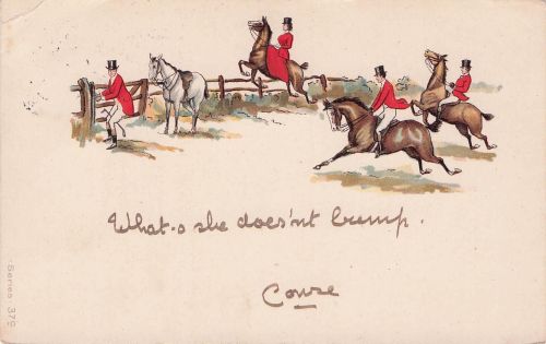 Lithographie Reiter und Reiterinnen vor einem Gatter