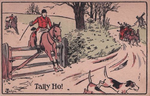 Künstler-Ansichtskarte Pferde einer Jagdgesellschaft