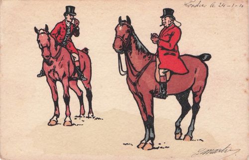 zwei Reitern in roter Jagdkleidung und Zylindern