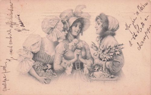 Künstler Ak Drei junge Frauen, Weintrauben, Stechpalmenzweige
