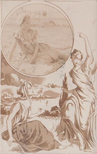 junges Mädchen liegt am Strand . 1910, Fotopostkarte, Jugendstil, Rand, Straßburg