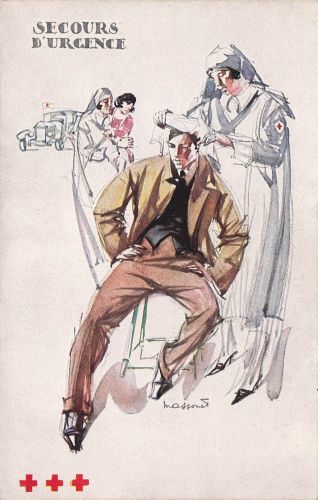 Künstler-Ansichtskarte Rotkreuzschwester verbindet einen Mann