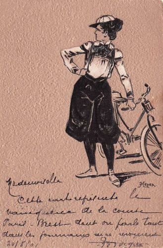 Radfahrerin in sportlicher Kleidung darstellt, die sich auf einem Fahrrad aus dem frühen 20