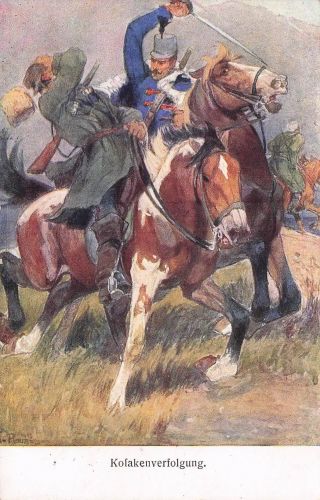 Künstler Ak Erkundungsgefecht, Schlachtfeld, Soldaten zu Pferden