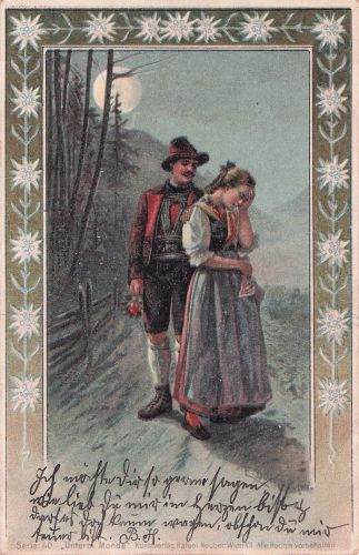 Künstler-Ansichtskarte E. Döcker: Liebespaar hat einem Konflikt bei Vollmond