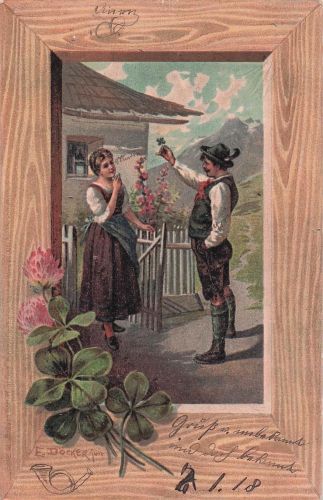 Künstler-Ansichtskarte E. Döcker: Mann überreicht seiner Frau ein Vierblättriges Kleeblatt