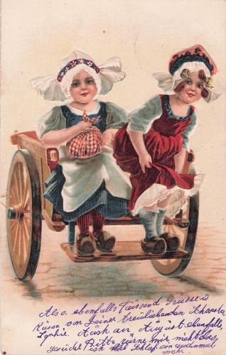 Postkarte P115 mit geprägtem Motiv: Holländische Mädchen im Karren, Happy Returns Clogs, 1908