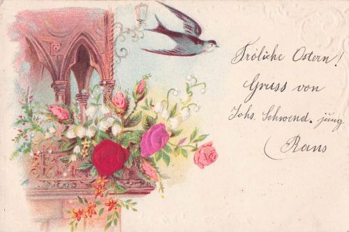 Stoff-Präge-AK Balkon mit Rosen aus Stoff, eine Schwalbe darüber