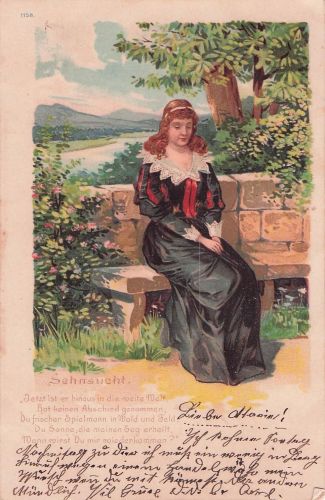 Glitzer Litho Sehnsucht, Frau auf einer Steinbank