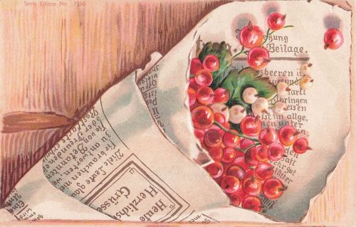 Präge Ak Glückwunsch, Johannisbeeren in einer Tüte aus Zeitungspapier