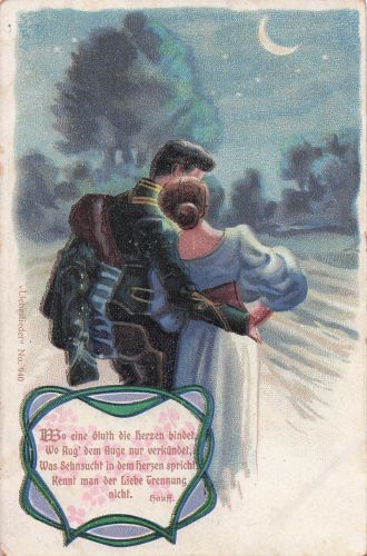 Lithographie Soldat mit seiner Geliebten bei nächtlichem Spaziergang