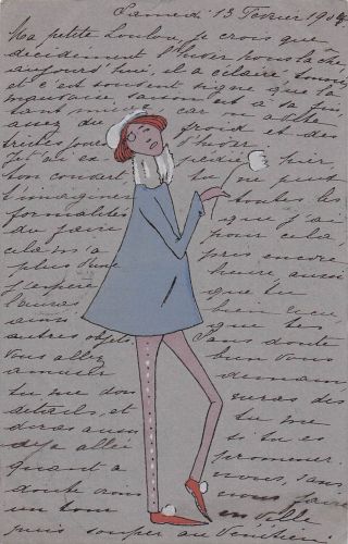 Die Abbildung zeigt eine Postkarte mit einem Mode-Entwurf