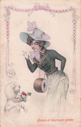 Wiener Glamour-Mode-Dame Pudel-Hund Postkarte