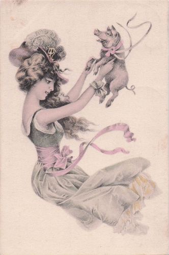 Künstler-AK Junge Frau mit kleinem Schwein