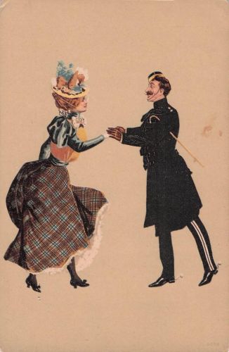 Litho Liebespaar, Frau mit Hut, Mann in Uniform, Schwarzer Mantel