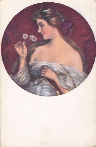 e künstlerische Darstellung einer Frau, die Löwenzahnblüten betrachtet.