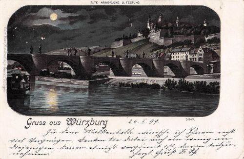 Lithographie Würzburg, Blick auf alte Mainbrücke und Festung