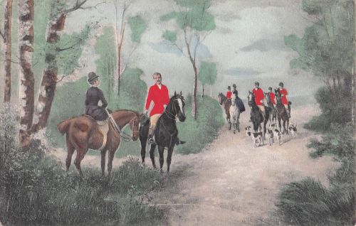 Das Bild zeigt eine Szene, die dem traditionellen Jagdreiten oder einer Hubertusjagd