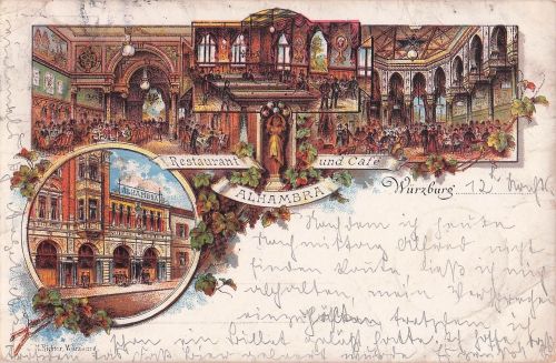 Lithographie des ehemaligen Restaurant und Café Alhambra in Würzburg.