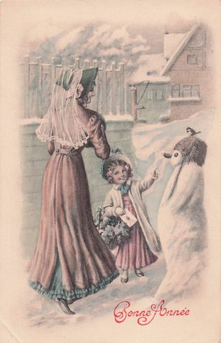 Frohes Neues Jahr – Kleines Mädchen zeigt ihrer Mutter einen Schneemann