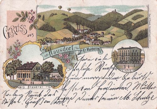 Litho HARZDORF bei Reichenberg SCHULE, Kirche, Gasthof 1902 gelaufen