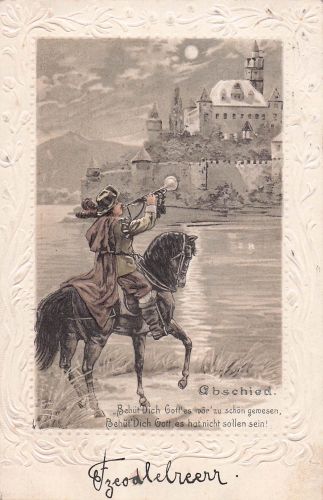 Mondschein Präge Litho Trompeter von Säckingen, Abschied, Behüt Dich Gott