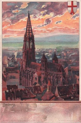 Künstler-AK Heinrich Kley: Freiburg, Münster m. Wappen