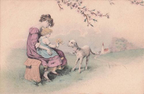 Künstler-AK H. Schubert: Frau mit Mädchen auf dem Schoss und Lämmlein, Ostergruss