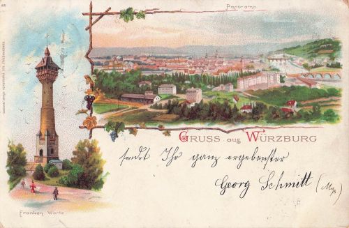 Lithographie Würzburg, Franken Warte, Panorama