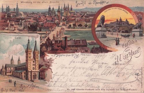 Lithographie Würzburg, Dom, Alte Brücke und Festung