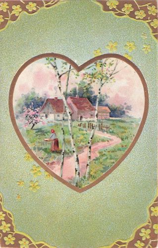 Kunstdruck, der eine ländliche Szene in einem herzförmigen Rahmen zeigt.