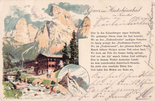 Lithographie Kufstein, Unterkunftshütte Hinterbärenbad im Kaiserthal, Gipfelkreuz